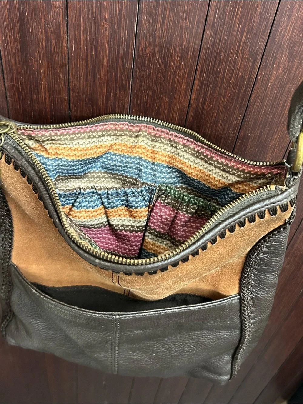 The Sak Leather Suede Crossbody Bag Boho Woven Striped Pocket Brown